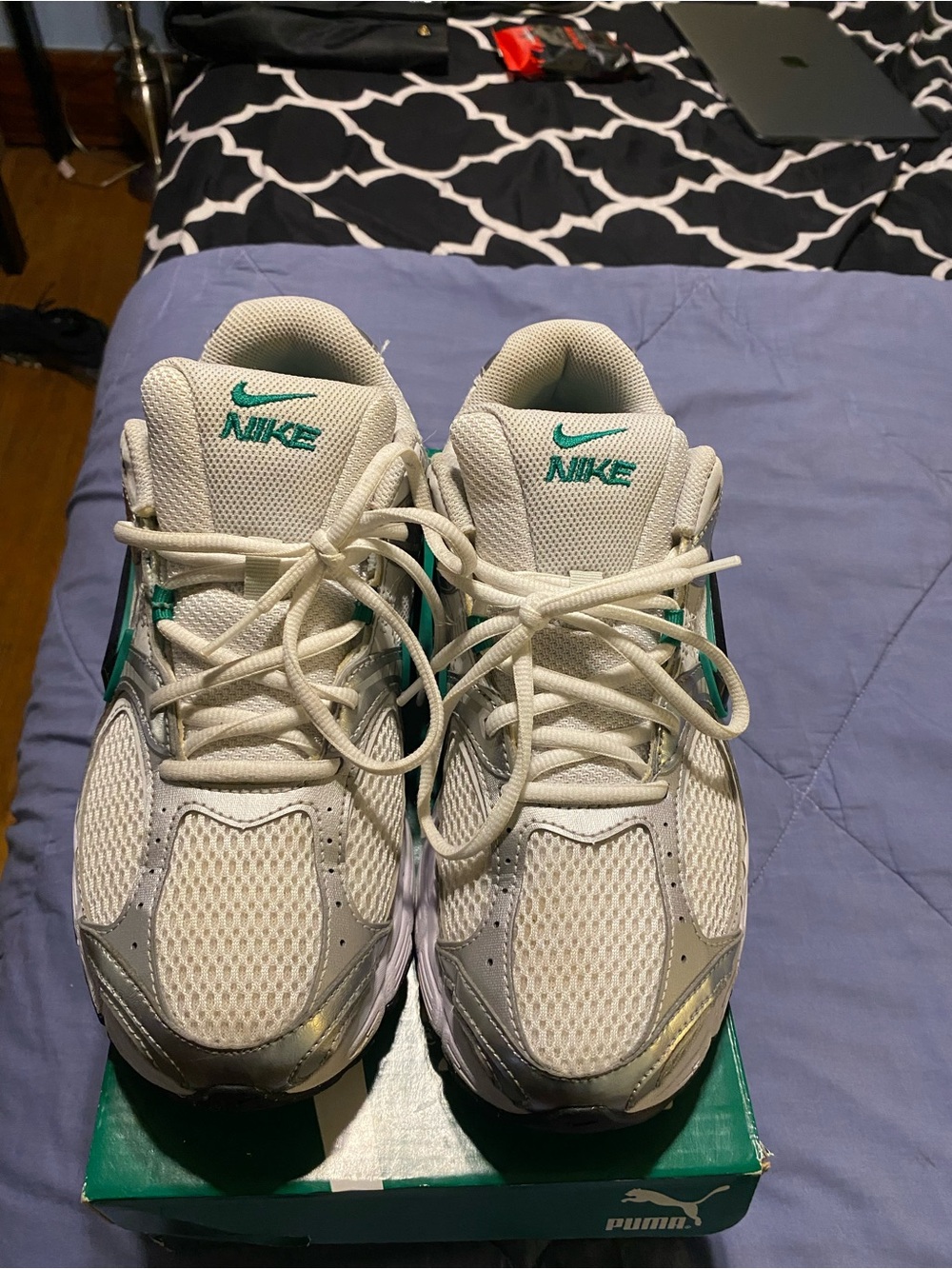 Men’s Nike White, Silver & Green Mesh Running Shoes